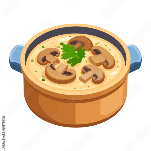 A rustic earthenware pot of creamy mushroom soup, garnished with sliced champignons and fresh parsley.