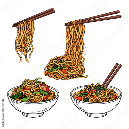 Hand-drawn Asian wok noodles with vegetables, served in bowls and held by chopsticks.