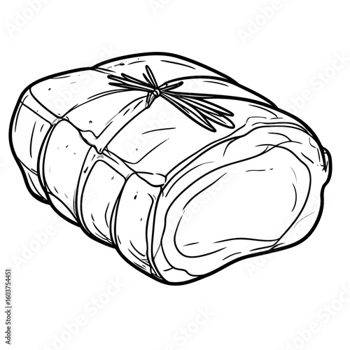 Hand-drawn sketch of a raw meat roast, tied with butcher's twine and garnished with a fresh rosemary sprig.