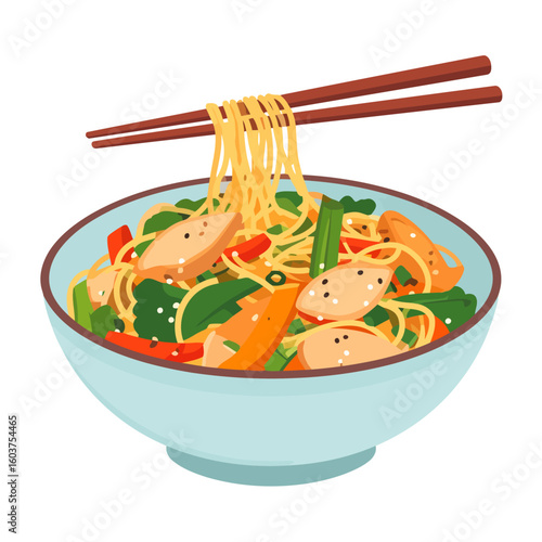 A vibrant bowl of Asian chicken noodles with fresh vegetables and sesame seeds, being lifted by chopsticks.