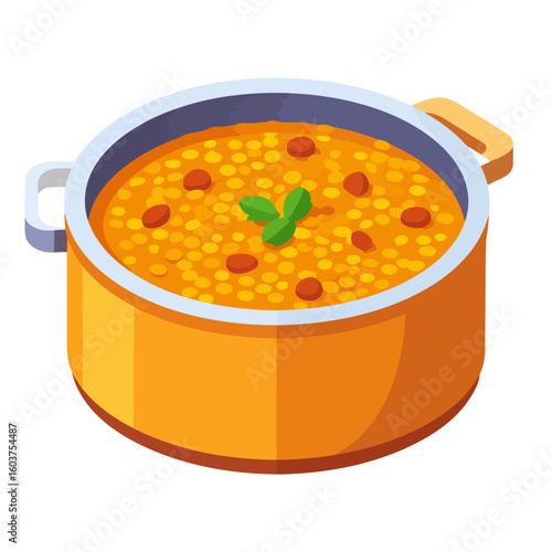 Hearty lentil and bean soup in a modern orange cooking pot, garnished with a sprig of fresh mint.