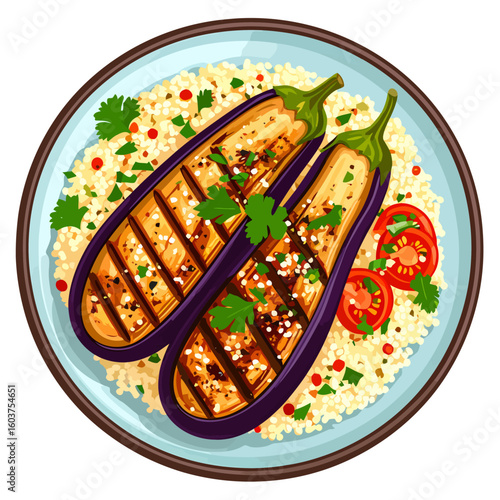 Grilled eggplant halves with char marks on a bed of couscous, garnished with fresh parsley, sesame seeds, and tomatoes.