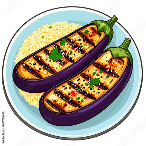 Two grilled eggplant halves with char marks, seasoned with herbs and sesame seeds, served over couscous on a plate.