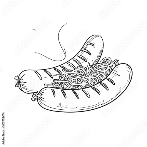 Sketch style illustration of two steaming grilled sausages served with a side of sauerkraut.
