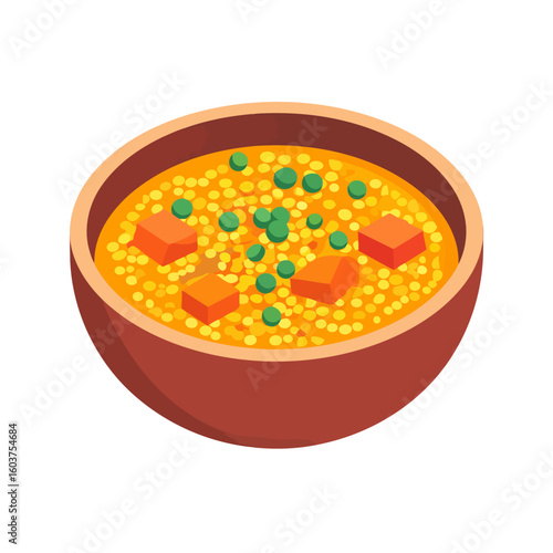 Isometric illustration of a hearty bowl of lentil soup with green peas and diced carrots.