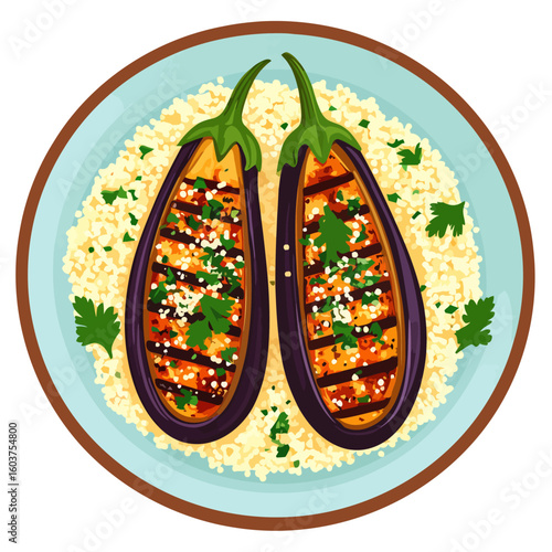 Grilled stuffed eggplant halves with fresh parsley and cheese served on a bed of couscous.