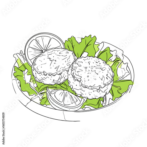 Sketch-style illustration of two crab cakes served on fresh lettuce with lemon garnish.