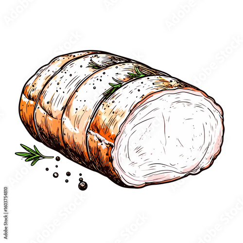Roasted pork loin roll tied with string, seasoned with rosemary and peppercorns. Hand-drawn sketch illustration.
