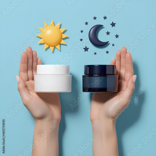 Hands hold day and night cream jars with sun and moon icons above. This concept represents a 24-hour skincare routine for face and body, on a blue background. Cosmetic prod