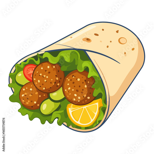 Vibrant cartoon falafel wrap with fresh lettuce, tomato, cucumber, and a lemon slice.