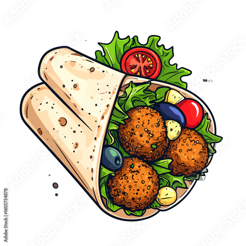Vibrant cartoon illustration of a falafel wrap with fresh lettuce, tomatoes, and olives.