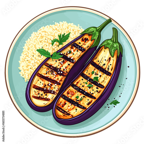 A vibrant dish of two grilled eggplant halves with char marks, served with couscous and fresh herbs on a blue plate.