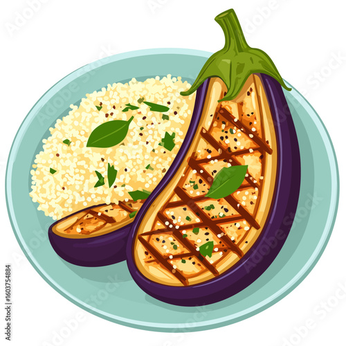Delicious grilled eggplant halves with char marks and seasoned couscous, garnished with fresh basil leaves on a plate.