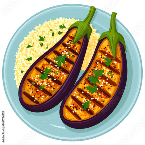 Delicious grilled eggplant halves with char marks, served with couscous and garnished with fresh parsley.