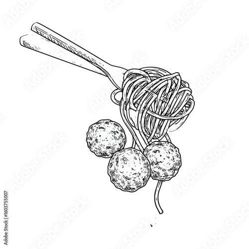 Engraving style illustration of a fork lifting tangled spaghetti and three meatballs.