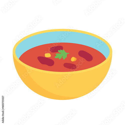 Yellow ceramic bowl of red tomato soup with kidney beans, corn, and a green herb garnish.