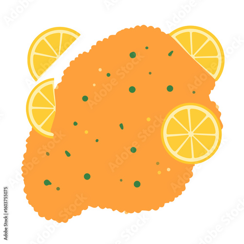Golden breaded schnitzel cutlet garnished with fresh lemon slices and green herbs.