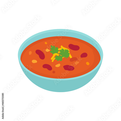 A hearty bowl of chili con carne soup with red kidney beans, garnished with shredded cheese and fresh cilantro.