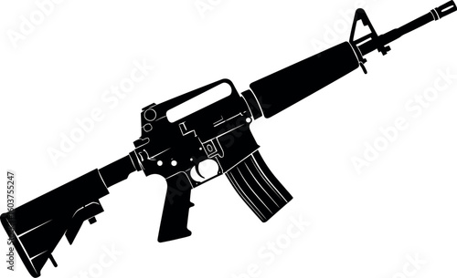A black and white graphic illustration of an assault rifle on a white background at an angle view