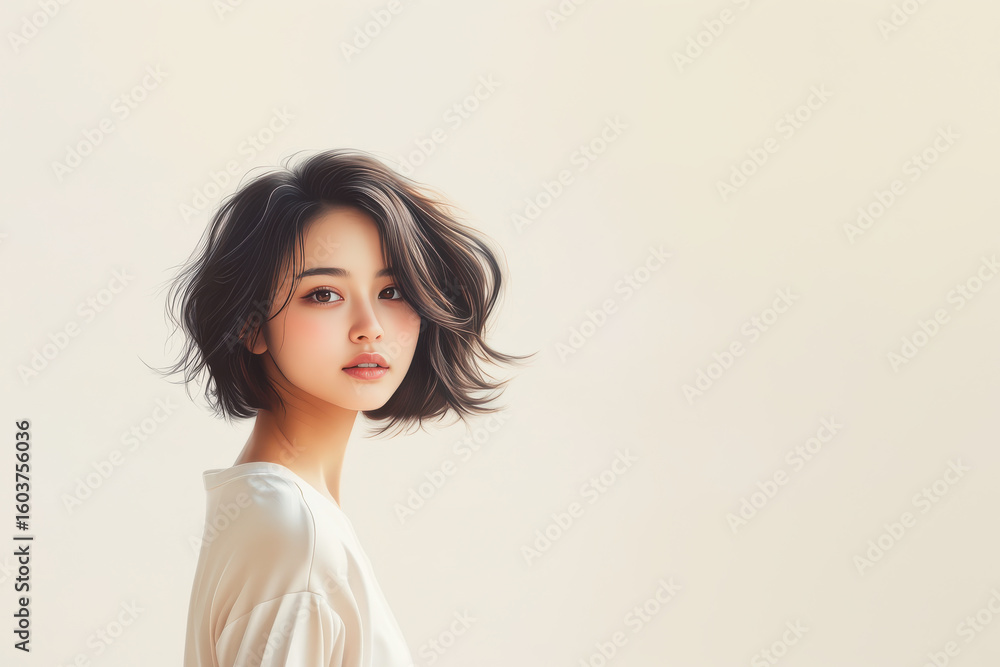 young Asian woman with short, wavy hair gazes softly at viewer, exuding calm and serene expression. young Asian woman with short, wavy hair gazes softly at viewer, exuding calm and serene expression.