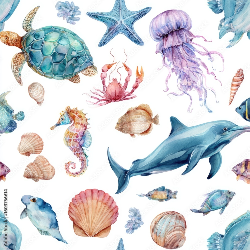 Fototapeta premium Watercolor seamless pattern of marine life