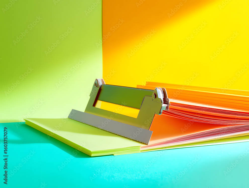Obraz premium A metal paper cutter rests on a stack of colorful paper sheets including pink orange and yellow against