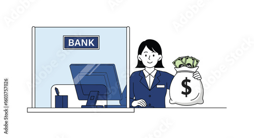 Financial transactions and banking services at the counter with a cash bag deposit