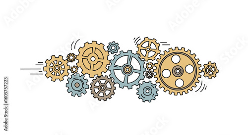 Intricate interlocking gears mechanism machine parts working together abstract design illustration