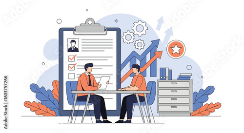 Interview process with career development and business growth charts showing positive trend