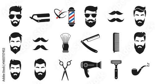 Collection of barbershop icons representing grooming and styling tools for men's hair and beards