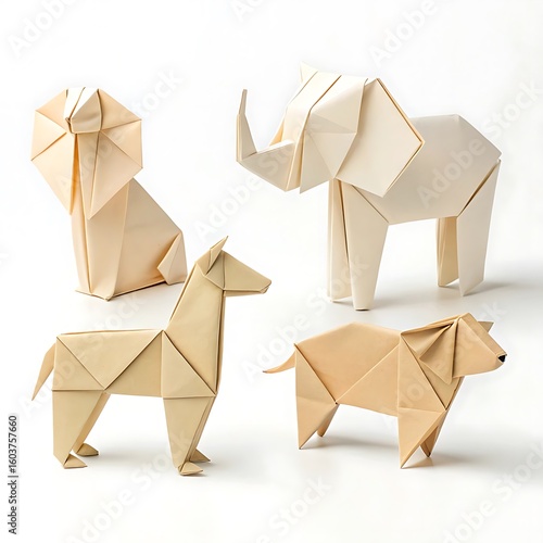 A collection of origami animals including a lion elephant horse and dog on a white background