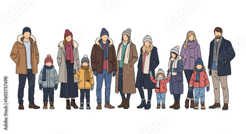 A diverse group of people dressed in warm winter coats and hats standing together outdoors on a cold day