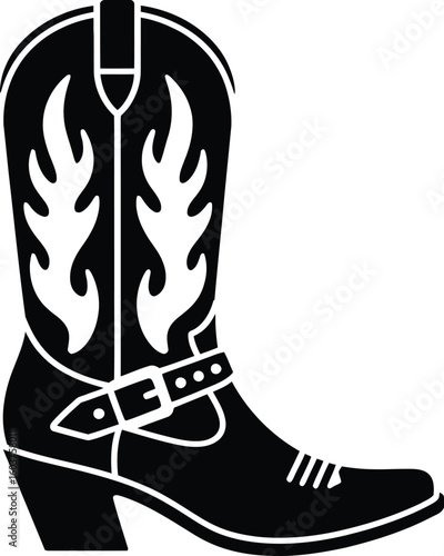 Black and white vector illustration of a cowboy boot with flame design perfect for western themes country music or fashion related designs and illustrations