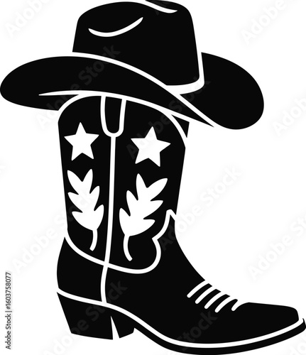 Silhouette of Cowboy Boot and Hat Western Style Icon Country Fashion Graphic Rodeo Symbol Black and White Vector Illustration for Print or Digital Design