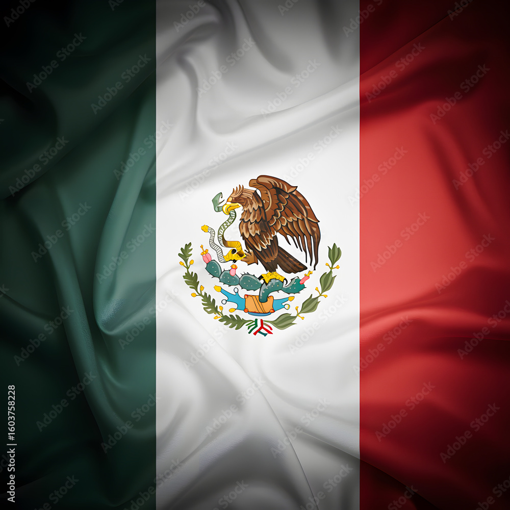 Naklejka premium Mexican Flag Fabric Texture with National Emblem