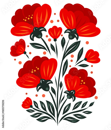 Vector red flowers and green leaves in folk art style for card and digital backgrounds. Decorative clip art with poppies