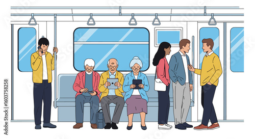 Diverse group of people commuting together on a busy train during their daily journey