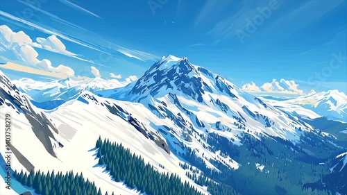 Majestic snow-capped mountain range under a vibrant blue sky