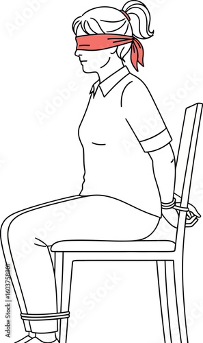 A woman with a blindfold sitting on a chair with her hands and legs tied in a white background scene