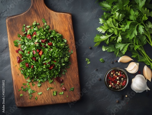 a wooden cutting board with finely chopped parsley and dried red peppers, surrounded by fresh parsley, garlic cloves, and a small bowl of mixed peppercorns and dried red peppers on a dark, textured su