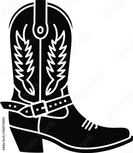 Black silhouette of a cowboy boot with decorative stitching a buckled strap and a heel isolated on a white background perfect for western themes and