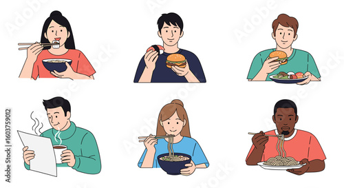 Diverse group of people enjoying delicious meals and snacks in a casual setting promoting healthy eating habits and community gatherings
