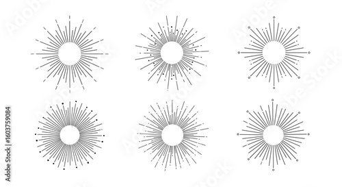 Six black and white abstract starburst explosions with center space for text