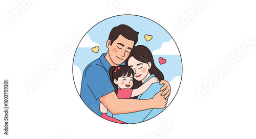 A loving family portrait with parents embracing their daughter surrounded by nature and butterflies symbolizing happiness and togetherness