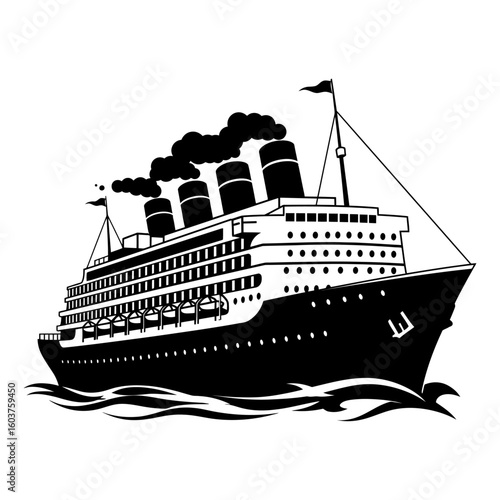Cruise Ship Sailing Waves Silhouette vector illustration