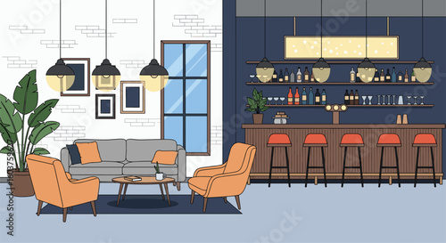 Stylish mid century modern living room and bar area fusion for relaxation and entertainment