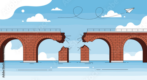The broken bridge connects two sides of a frozen river under a cloudy sky with birds flying