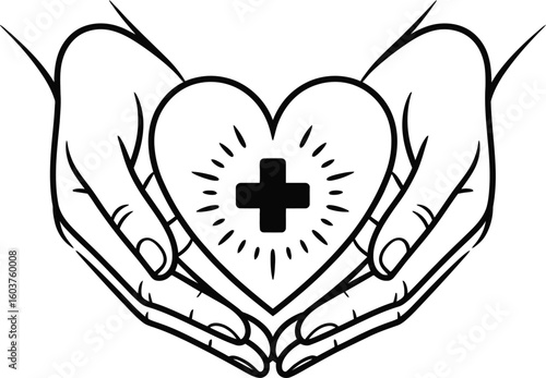 Hands gently holding a heart with a medical cross symbol