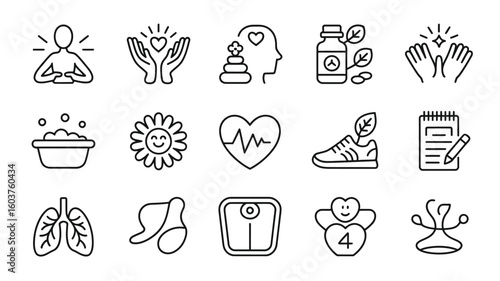 Wellness Icons Collection Black Line Art Graphics Set Healthy Lifestyle Symbols Self Care Meditation Yoga Fitness Nutrition Heartbeat Scale