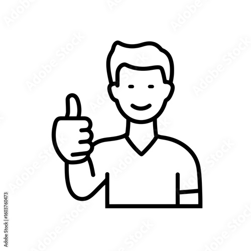 Simple line drawing of a person giving a thumbs up gesture with positive expression, concept for agreement confirmation, endorsement symbol and optimistic feedback representation. Young male